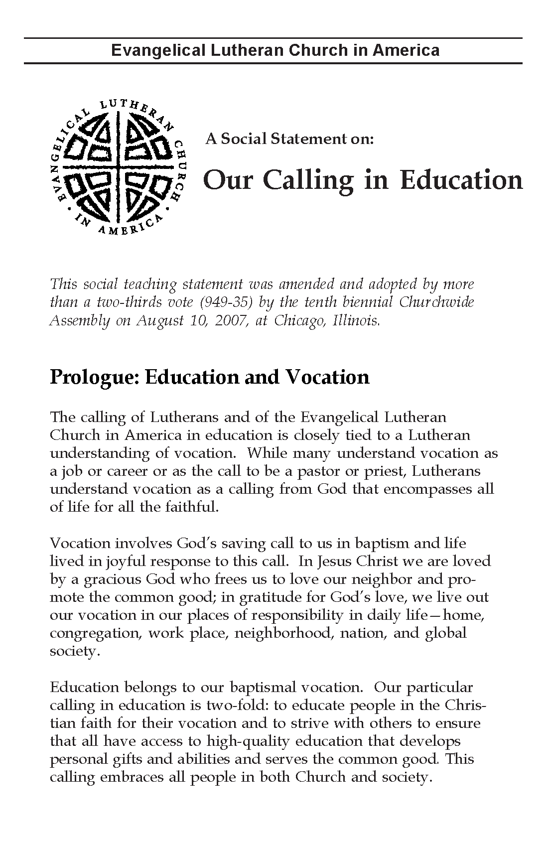 Our Calling in Education